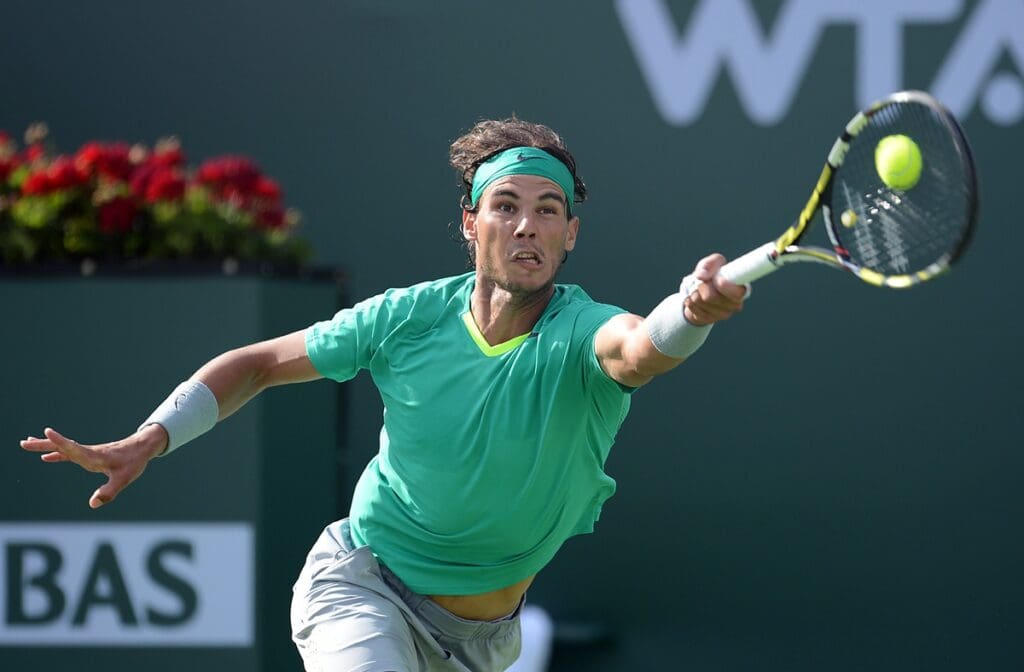Mar 17, 2013; Indian Wells, CA, USA; Rafael Nadal (ESP) during his match against Juan Martin Del Potro (ARG) in the final of the BNP Paribas Open at the Indian Wells Tennis Garden. Nadal won 6-4, 3-6, 6-4.