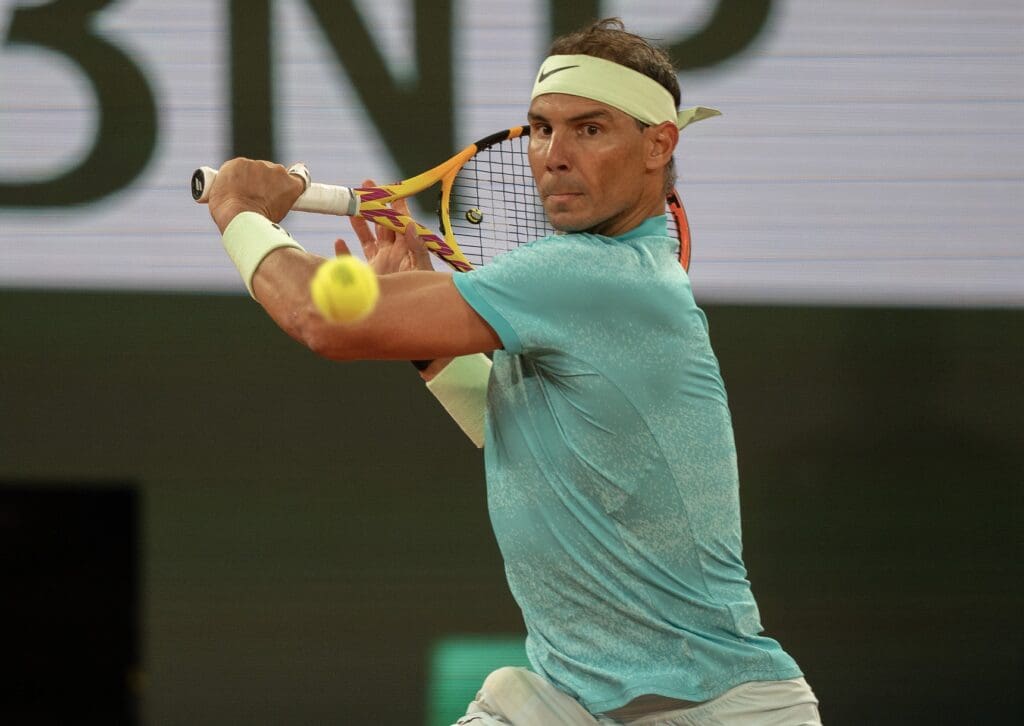May 27, 2024; Paris, France; Rafael Nadal of Spain returns a shot during his match against Alexander Zverev of Germany on day two of Roland Garros at Stade Roland Garros