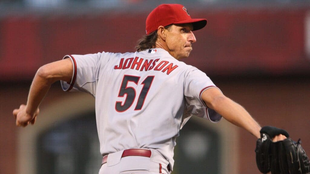 Apr. 14, 2008; San Francisco, CA, USA; Arizona Diamondbacks starting pitcher Randy Johnson (51) pitches against the San Francisco Giants during the 1st inning at AT&T Park in San Francisco, CA. The Giants defeated the Diamondbacks 5-4.