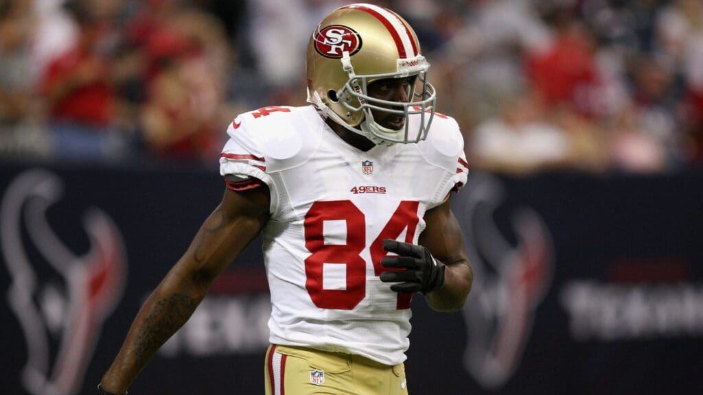 August 18, 2012; Houston, TX, USA; San Francisco 49ers wide receiver Randy Moss (84) prepares for a game against the Houston Texans at Reliant Stadium