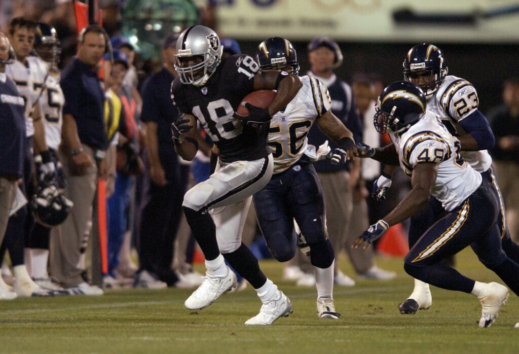 Sep 11, 2006 Oakland, CA, USA: Oakland Raiders wide receiver (18) Randy Moss during the 2nd quarter against the San Diego Chargers at McAfee Coliseum in Oakland, CA.