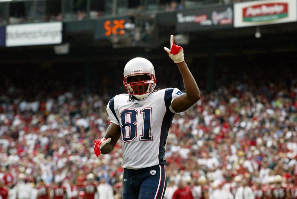 Oct. 5, 2008; San Francisco, CA, USA; New England Patriots wide receiver Randy Moss (81) points to the crowd after the Patriots scored a touchdown against the San Francisco 49ers in the third quarter at Monster Park in San Francisco, CA. The Patriots defeated the 49ers 30-21.