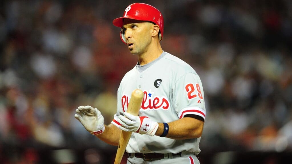 Apr. 25, 2011; Phoenix, AZ, USA; Philadelphia Phillies outfielder Raul Ibanez against the Arizona Diamondbacks at Chase Field.
