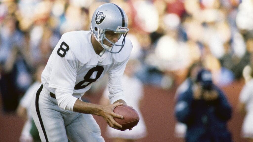 Aug 4, 1984; San Francisco, CA, USA: FILE PHOTO; Los Angeles Raiders punter Ray Guy (8) in action against the San Francisco 49ers at Candlestick Park during a pre-season game.
