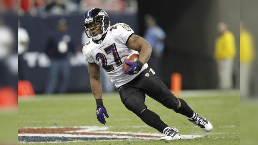 Dec 13, 2010; Houston, TX, USA; Baltimore Ravens running back Ray Rice (27) runs the ball against the Houston Texans in the fourth quarter at Reliant Stadium. The Ravens defeated the Texans 34-28.