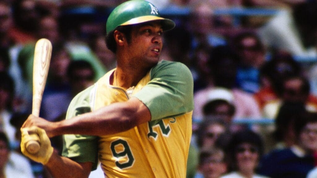 Unknown date; Cleveland, OH; USA; FILE PHOTO; Oakland Athletics right fielder Reggie Jackson (9) in action against the Cleveland Indians at Cleveland Stadium.