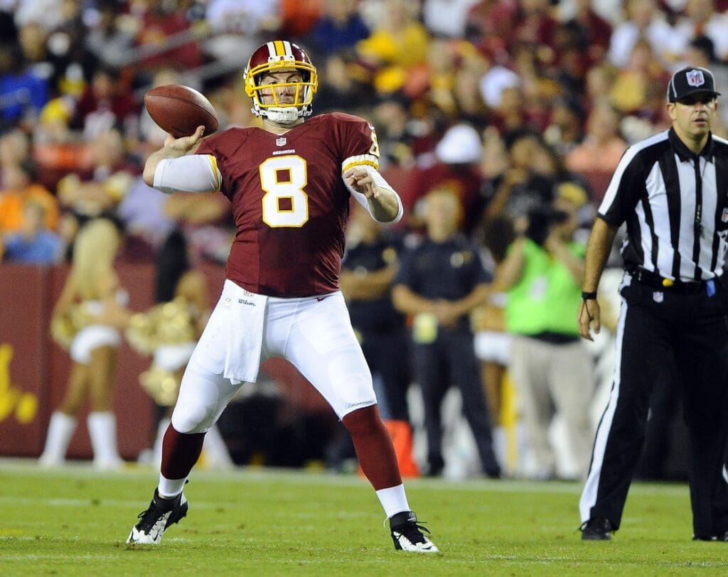 Aug 19, 2013; Landover, MD, USA; Washington Redskins quarterback Rex Grossman (8) throws a pass during the first half against the Pittsburgh Steelers at FedEX Field.