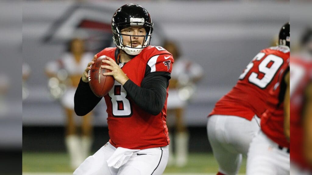 Sep 3, 2015; Atlanta, GA, USA; Atlanta Falcons quarterback Rex Grossman (8) drops back to pass against the Baltimore Ravens in the fourth quarter at the Georgia Dome. The Ravens defeated the Falcons 20-19.