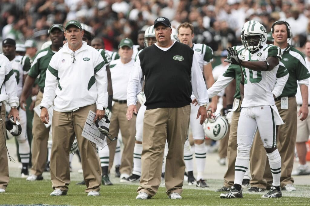 Sep 25, 2011; Oakland, CA, USA; New York Jets head coach Rex Ryan questions the call during the fourth quarter against the Oakland Raiders at O.co Coliseum. The Oakland Raiders defeated the New York Jets 34-24.