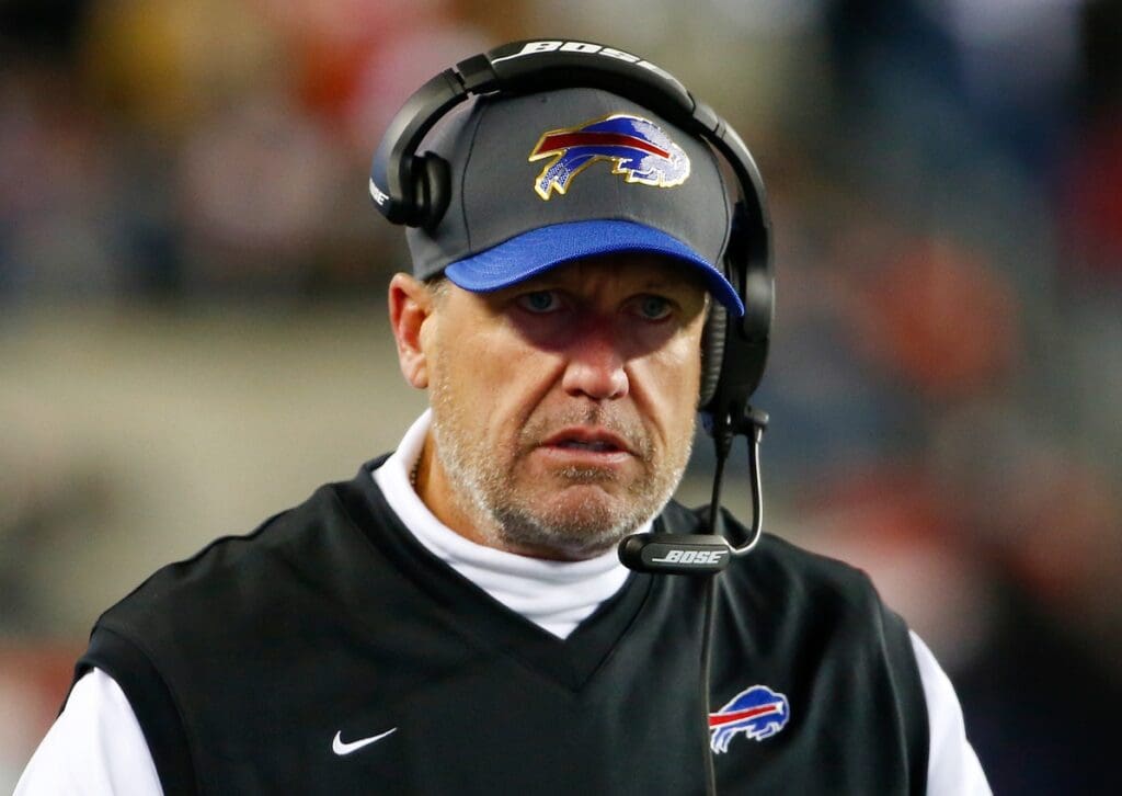 Nov 23, 2015; Foxborough, MA, USA; Buffalo Bills head coach Rex Ryan during the first half against the New England Patriots at Gillette Stadium.
