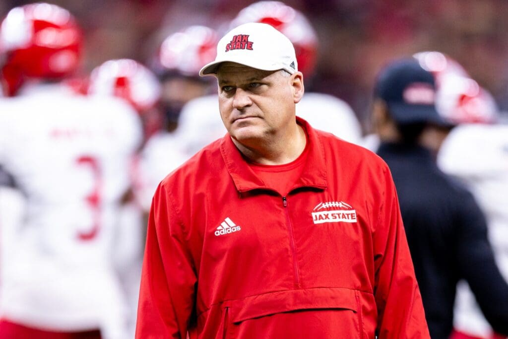 Dec 16, 2023; New Orleans, LA, USA; Jacksonville State Gamecocks head coach Rich Rodriguez looks on against the Louisiana-Lafayette Ragin Cajuns during warmups at the Caesars Superdome.