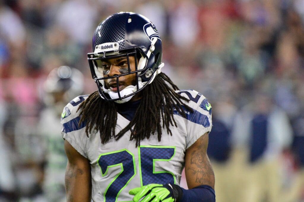 Oct 17, 2013; Phoenix, AZ, USA; Seattle Seahawks cornerback Richard Sherman (25) during the game against the Arizona Cardinals at University of Phoenix Stadium.