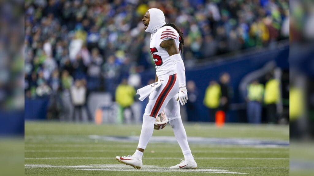 Dec 29, 2019; Seattle, Washington, USA; San Francisco 49ers cornerback Richard Sherman (25) reacts following a fourth down goal line stop against the Seattle Seahawks during the fourth quarter at CenturyLink Field.