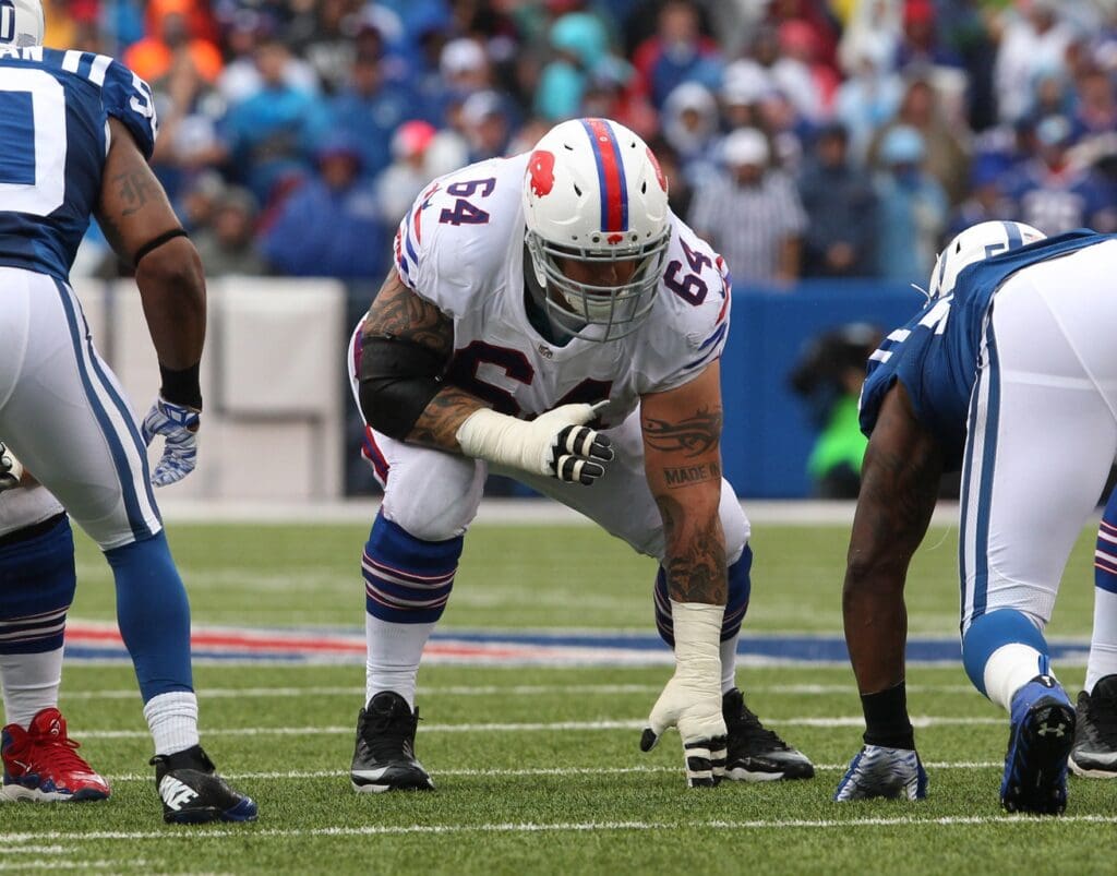 Sep 13, 2015; Orchard Park, NY, USA; Buffalo Bills center Richie Incognito (64) against the Indianapolis Colts at Ralph Wilson Stadium. Bills beat the Colts 27 to 14.