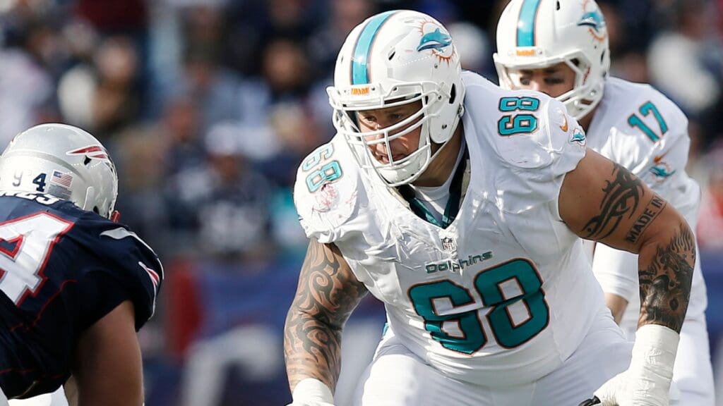 Oct 27, 2013; Foxborough, MA, USA; Miami Dolphins guard Richie Incognito (68) prepares to block against the New England Patriots during the second quarter at Gillette Stadium