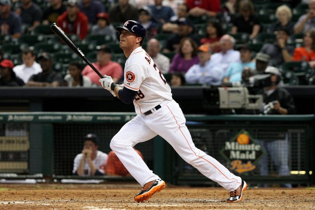 Apr 22, 2013; Houston, TX, USA; Houston Astros right fielder Rick Ankiel (28) hits a home run during the seventh inning against the Seattle Mariners at Minute Maid Park.