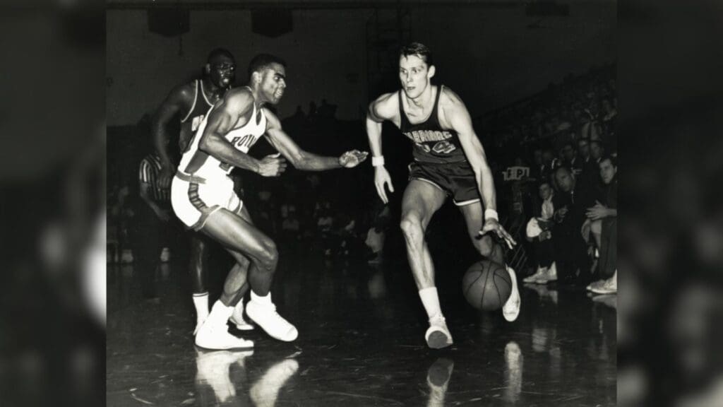 Nov 1966; Cincinnati, OH, USA; San Francisco Warriors guard Rick Barry (24) shoots against the Cincinnati Royals guard Tom Hawkins (20) during his rookie year in 1965-66.