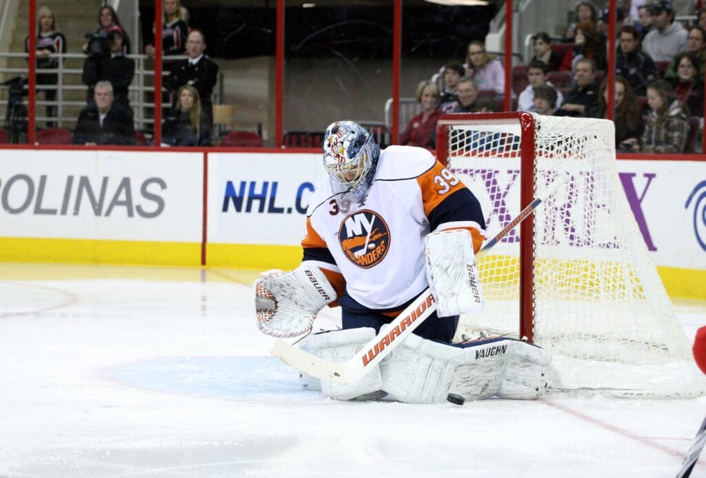January 28, 2010; Raleigh, NC, USA; New York Islanders goalie Rick DiPietro (39) makes a 2nd period save against the Carolina Hurricanes at the RBC center.The Hurricanes defeated the Islanders 4-1.