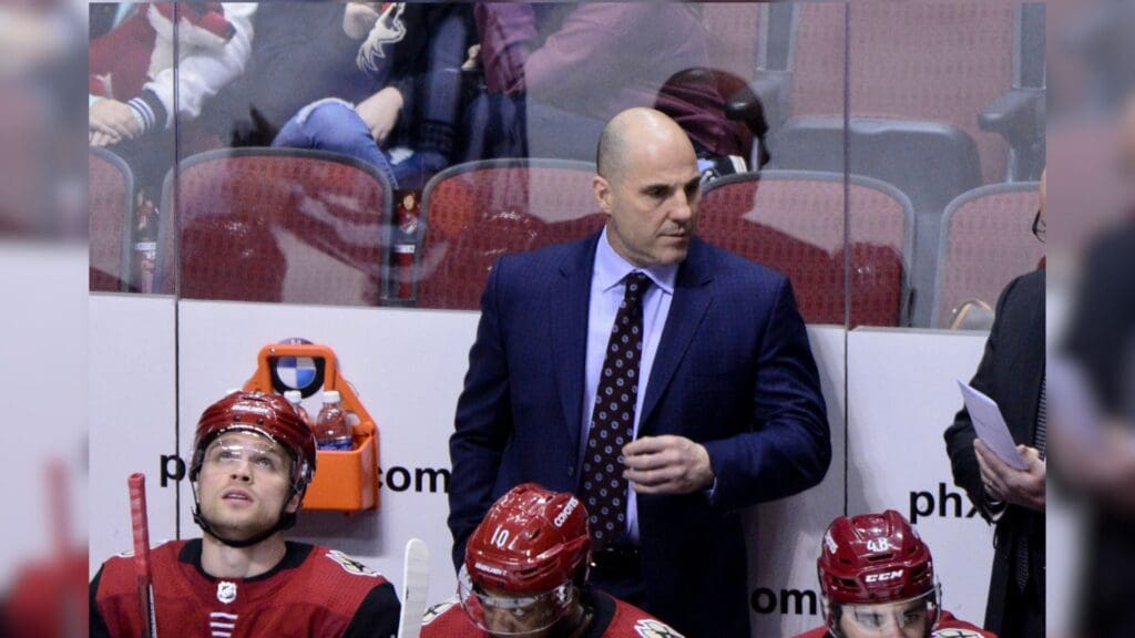 Jan 4, 2018; Glendale, AZ, USA; Arizona Coyotes head coach Rick Tocchet looks on during the first period against the Nashville Predators at Gila River Arena.