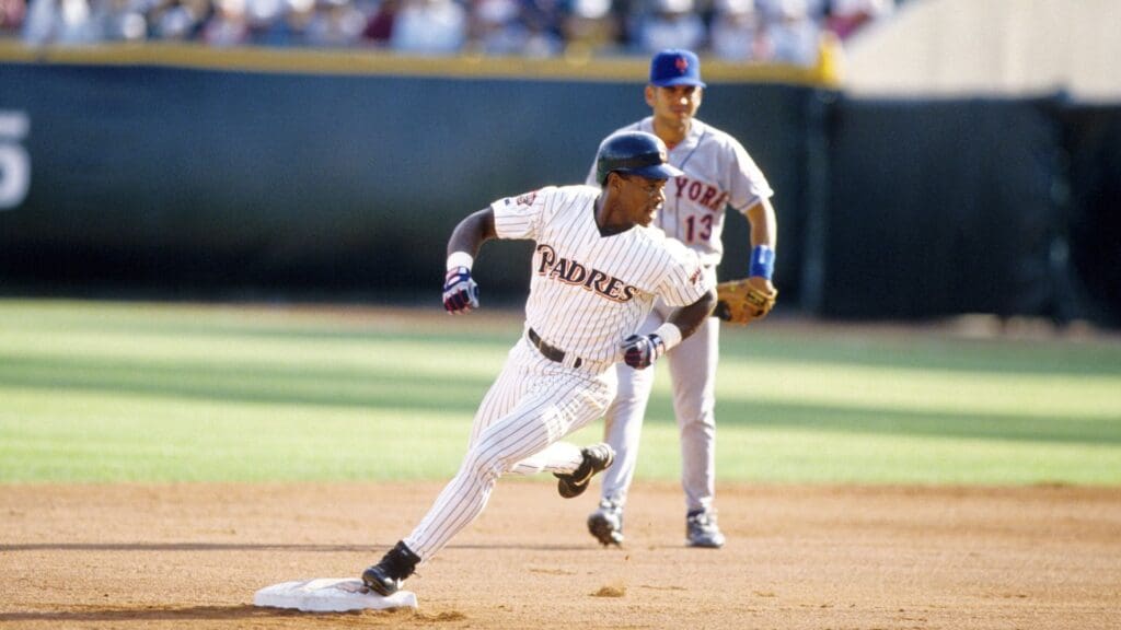 Aug 16, 1996, Monterrey, MEX; FILE PHOTO; San Diego Padres out fielder Rickey Henderson rounds second at Monterrey Stadium against the New York Mets during the 1996 La Primera Serie.