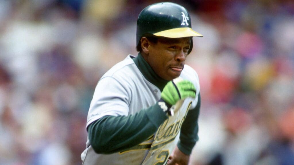 May 18, 1991; Cleveland, OH, USA; Rickey Henderson of the Oakland Athletics in action against the Cleveland Indians at Cleveland Stadium