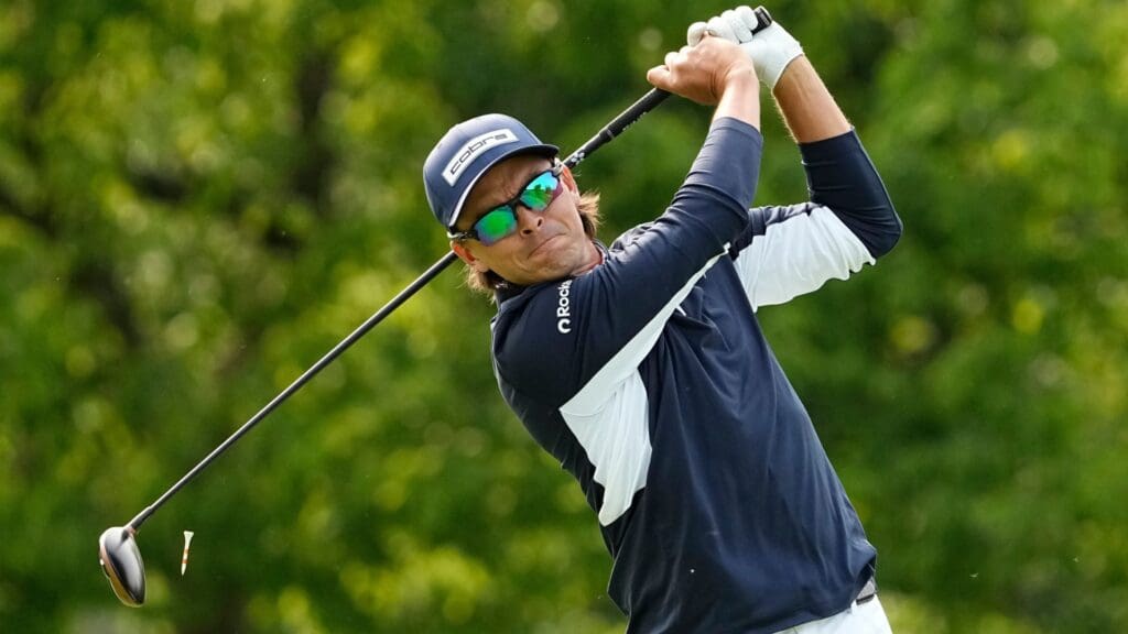 Rickie Fowler tees off on 18 during the third round of the Memorial Tournament at Muirfield Village Golf Club in Dublin on May 31, 2025.