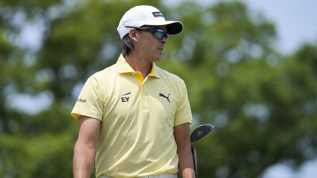 Rickie Fowler watches his shot from the first tee during the final round of the Memorial Tournament presented by Workday golf tournament.