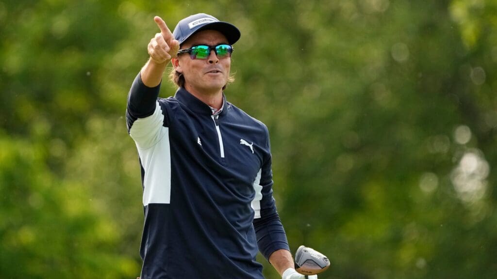 Rickie Fowler tees off on 18 during the third round of the Memorial Tournament at Muirfield Village Golf Club in Dublin on May 31, 2025.