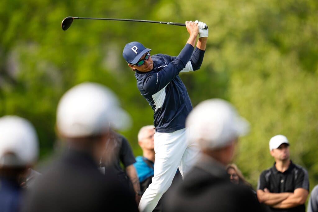 Rickie Fowler tees off on the fifth hole during the first round of the Memorial Tournament at Muirfield Village Golf Club in Dublin on May 29, 2025.