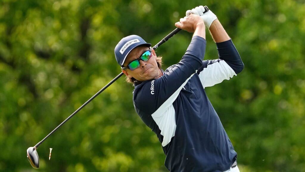 Rickie Fowler tees off on 18 during the third round of the Memorial Tournament at Muirfield Village Golf Club in Dublin on May 31, 2025.
