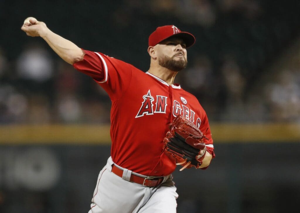 Sep 25, 2017; Chicago, IL, USA; Los Angeles Angels starting pitcher Ricky Nolasco (47) delivers against the Chicago White Sox during the first inning at Guaranteed Rate Field.