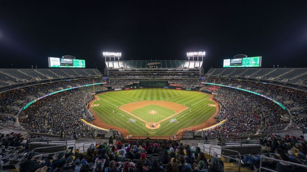 March 30, 2023; Oakland, California, USA; General view of RingCentral Coliseum during the seventh inning between the Oakland Athletics and the Los Angeles Angels.