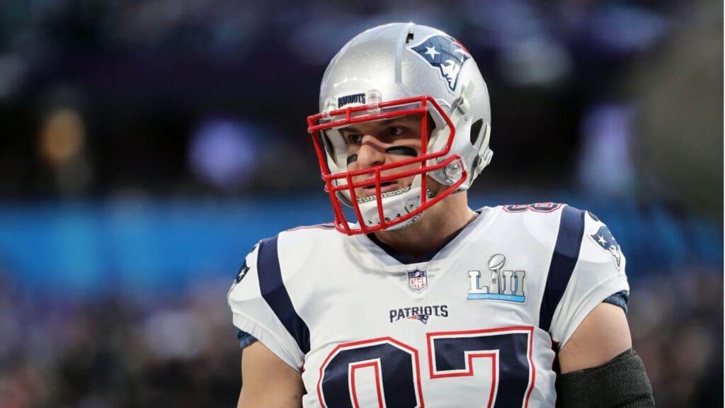 Feb 4, 2018; Minneapolis, MN, USA; New England Patriots tight end Rob Gronkowski (87) prior to Super Bowl LII against the Philadelphia Eagles at U.S. Bank Stadium.
