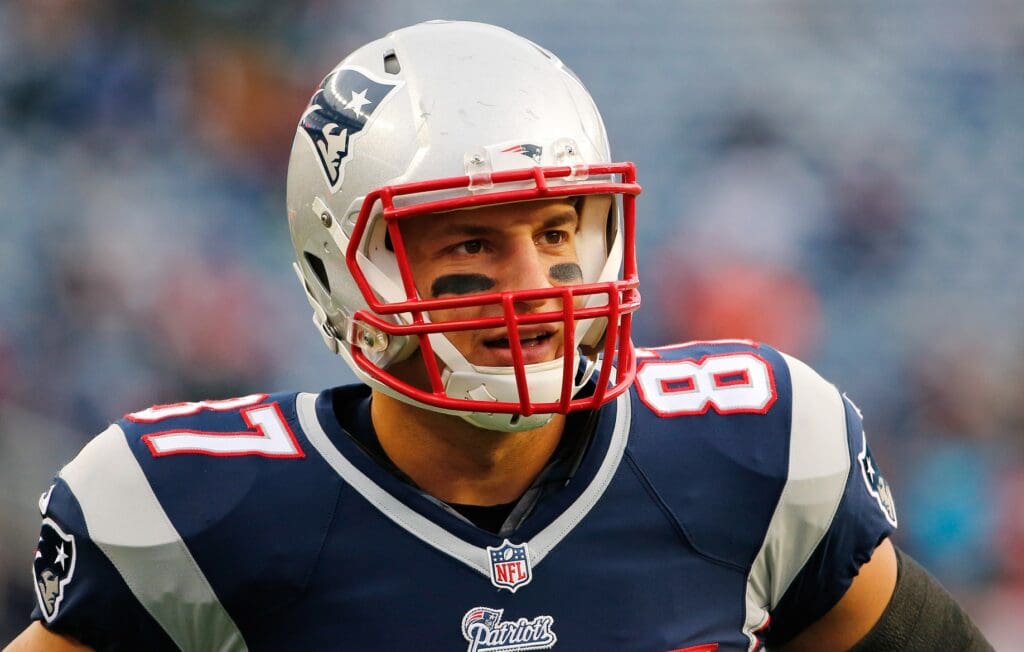 Nov 2, 2014; Foxborough, MA, USA; New England Patriots tight end Rob Gronkowski (87) on the field before the game between the New England Patriots and the Denver Broncos at Gillette Stadium.