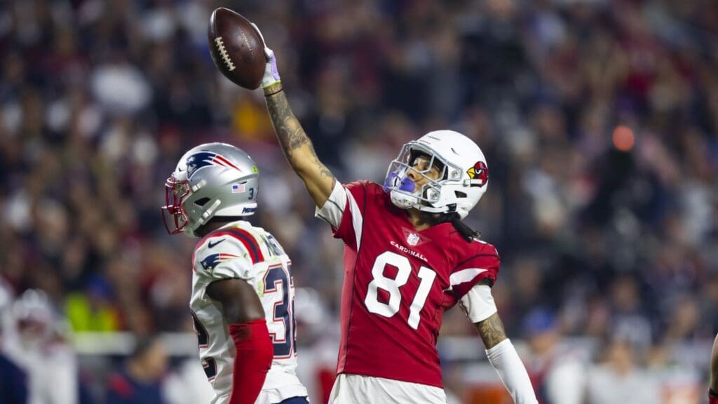 Dec 12, 2022; Glendale, Arizona, USA; Arizona Cardinals wide receiver Robbie Anderson (81) celebrates a first down against the New England Patriots in the first half at State Farm Stadium.