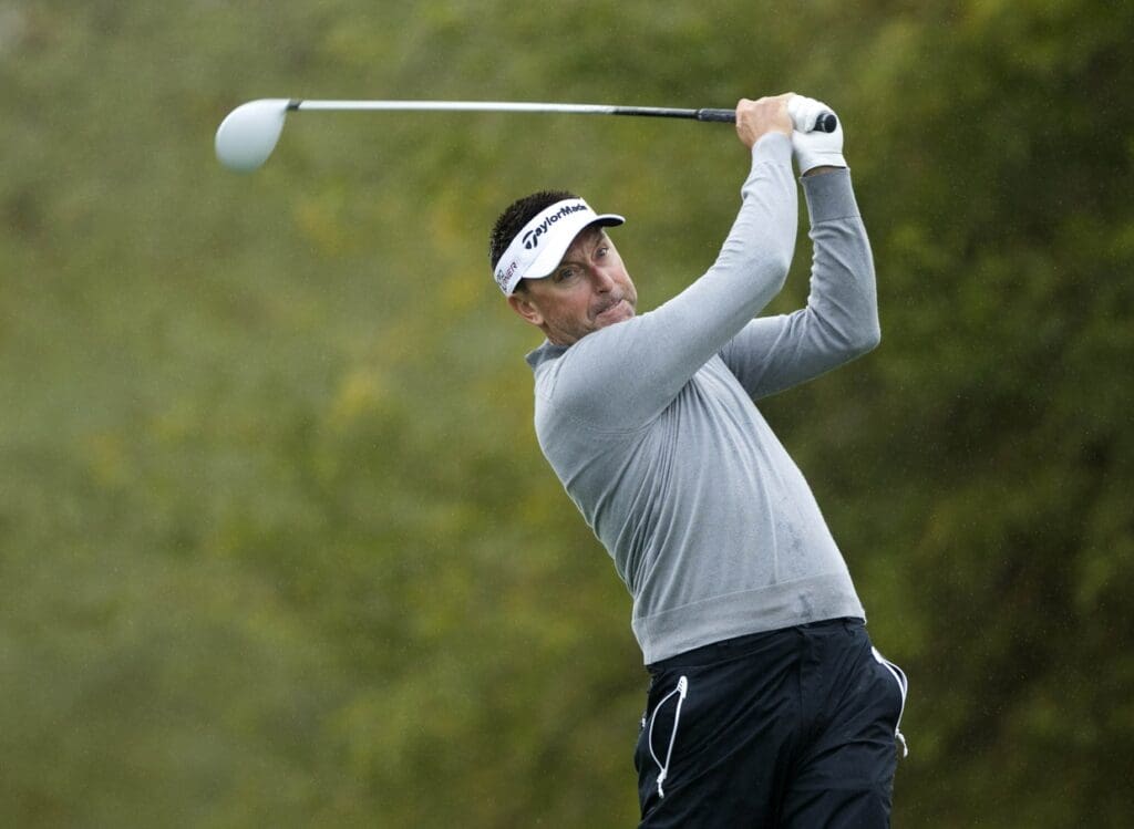 Jan 30, 2015; Scottsdale, AZ, USA; PGA golfer Robert Allenby tees off on the ninth tee box during the second round of the Waste Management Phoenix Open at TPC Scottsdale.
