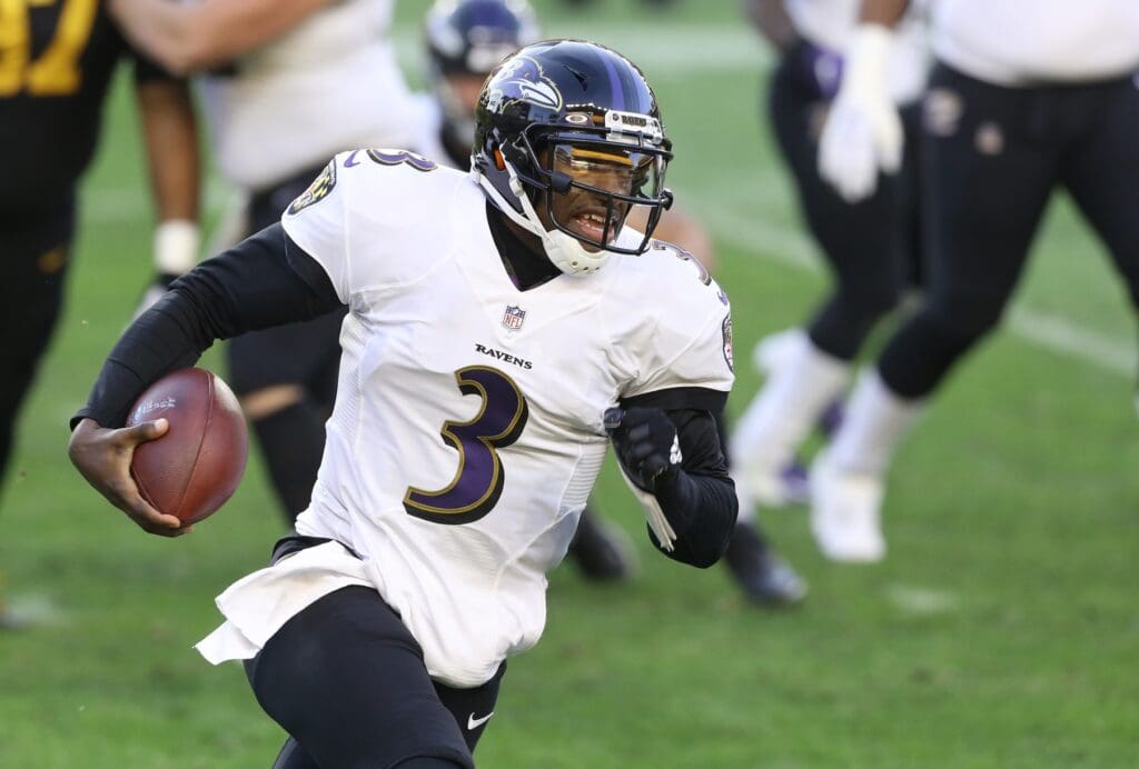 Dec 2, 2020; Pittsburgh, Pennsylvania, USA; Baltimore Ravens quarterback Robert Griffin III (3) rushes the ball against the Pittsburgh Steelers during the first quarter at Heinz Field.