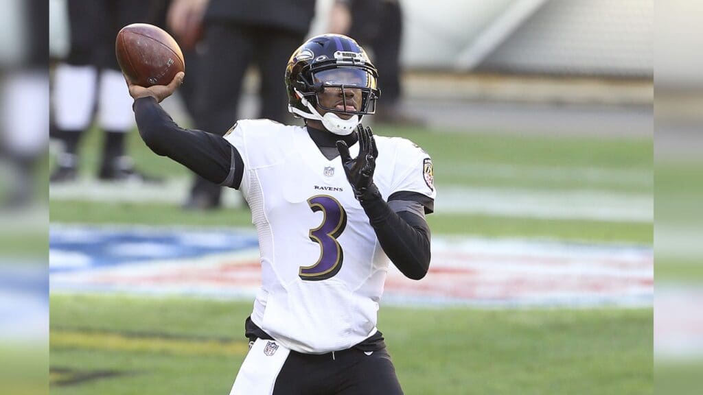 Dec 2, 2020; Pittsburgh, Pennsylvania, USA; Baltimore Ravens quarterback Robert Griffin III (3) warms up before playing the Pittsburgh Steelers at Heinz Field.