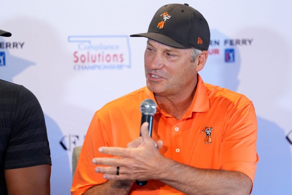 Robin Ventura speaks during a press conference for a celebrity shootout charity event at the Compliance Solutions Championship golf tournament in Norman, Okla., Saturday, June 22, 2024.