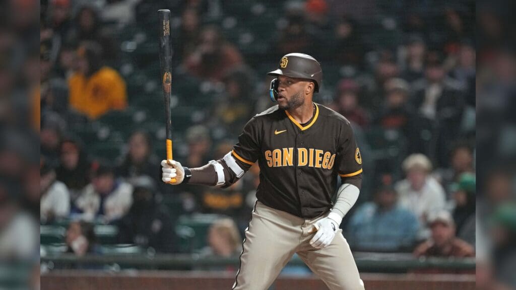 May 20, 2022; San Francisco, California, USA; San Diego Padres designated hitter Robinson Cano (24) bats against the San Francisco Giants during the tenth inning at Oracle Park.