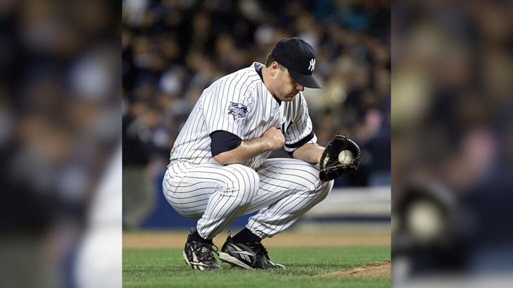 Oct 22, 2000; New York, NY, USA; Roger Clemens gathers himself before pitching the sixth inning of the second game of the World Series at Yankee Stadium in New York.