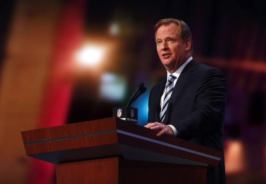 Apr 25, 2013; New York, NY, USA; NFL commissioner Roger Goodell speaks before the 2013 NFL Draft at Radio City Music Hall.
