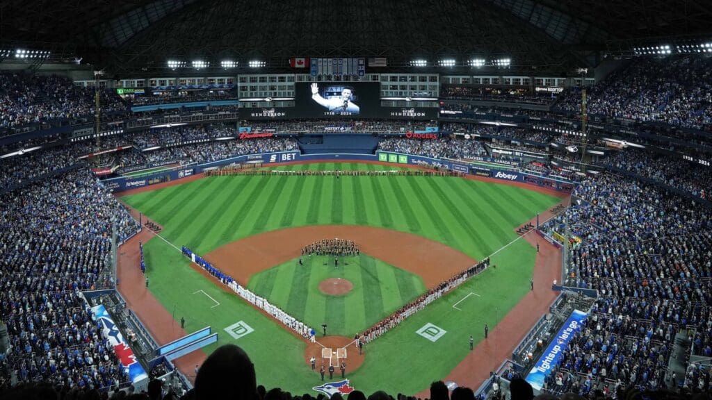 Mar 27, 2025; Toronto, Ontario, CAN; A general view of the Rogers Centre during the opening day ceremonies for a moment of silence for former Toronto Blue Jays player Rickey Henderson before a game against the Baltimore Orioles.