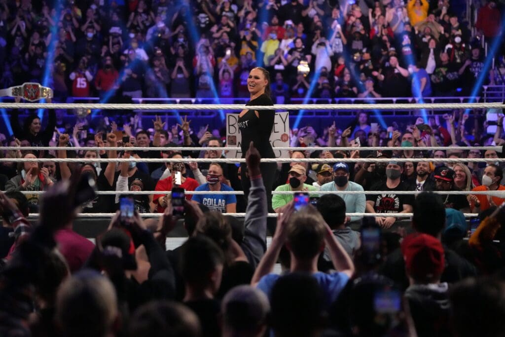 Jan 29, 2022; St. Louis, MO, USA; Ronda Rousey celebrates after winning the women s Royal Rumble match during the Royal Rumble at The Dome at America's Center.