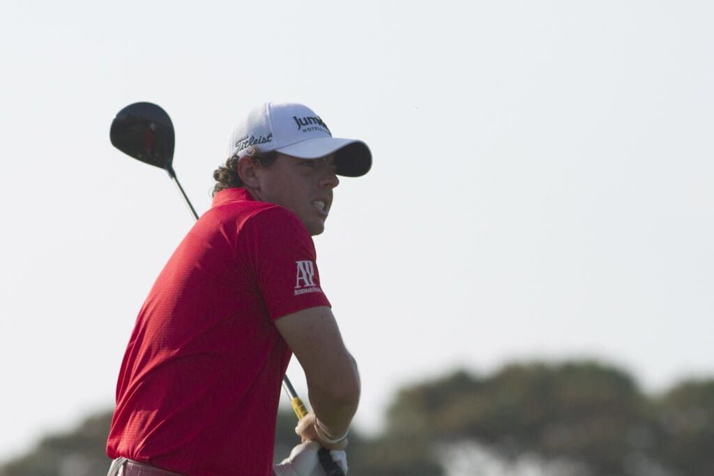 Aug 12, 2012; Kiawah Island, SC, USA; Rory McIlroy (IRL) reacts after teeing off on the 16th hole during the final round of the 94th PGA Championship at the Ocean Course of the Kiawah Island Golf Resort.