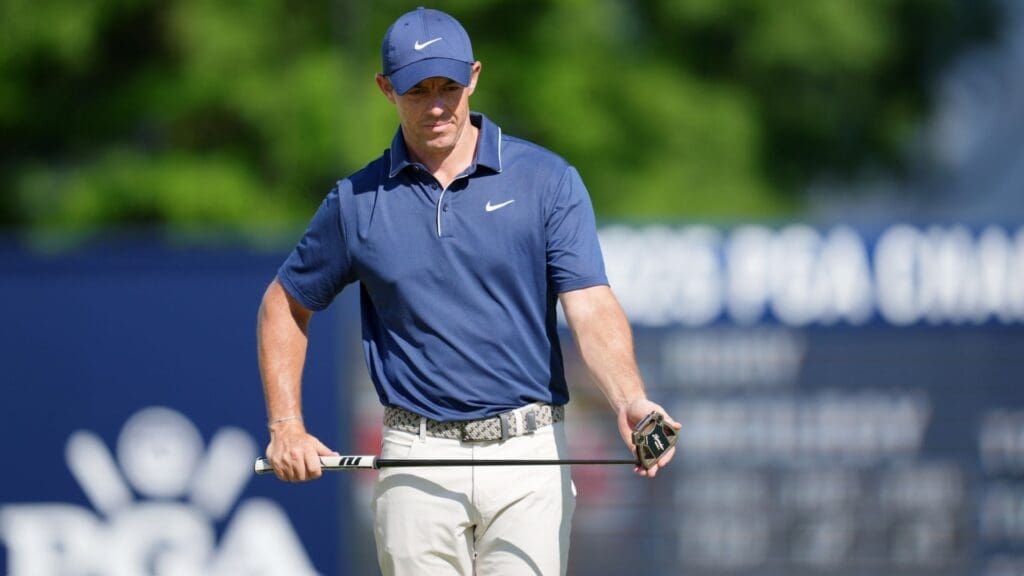 May 17, 2025; Charlotte, North Carolina, USA; Rory McIlroy walks on the second green during the third round of the PGA Championship golf tournament at Quail Hollow.