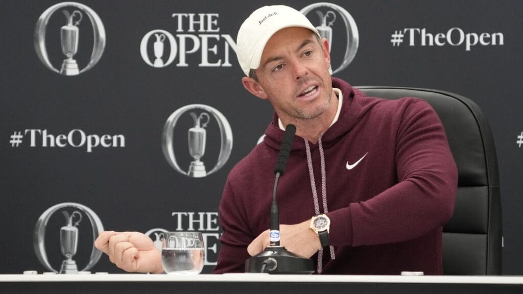 Jul 16, 2024; Ayrshire, SCT; Rory McIlroy during press conference at the Open Championship golf tournament at Royal Troon.