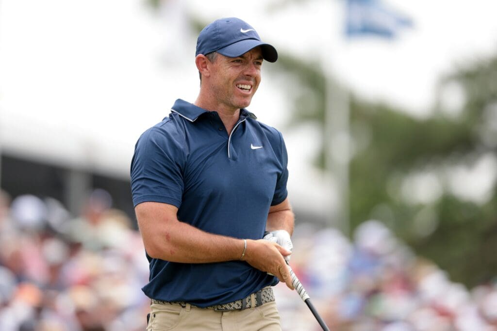 Jun 13, 2025; Oakmont, Pennsylvania, USA; Rory McIlroy watches after his shot from the third tee during the second round of the U.S. Open golf tournament.