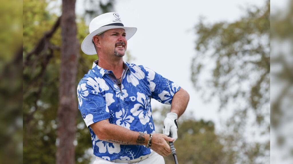 Mar 18, 2023; Palm Harbor, Florida, USA; Rory Sabbatini plays his shot from the first tee during the third round of the Valspar Championship golf tournament.