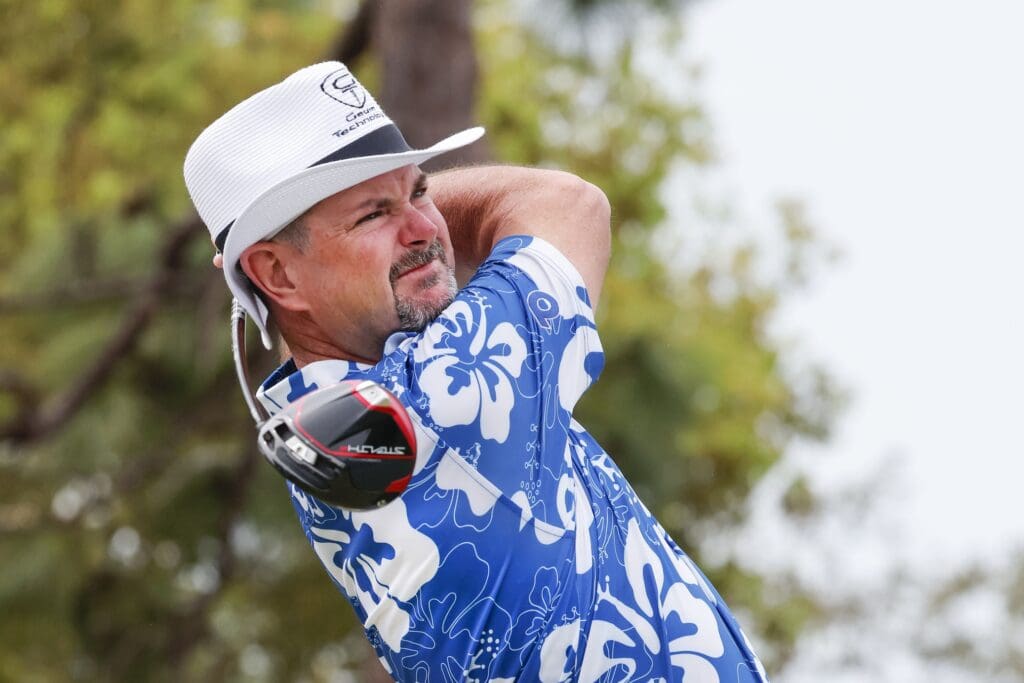 Mar 18, 2023; Palm Harbor, Florida, USA; Rory Sabbatini plays his shot from the first tee during the third round of the Valspar Championship golf tournament.